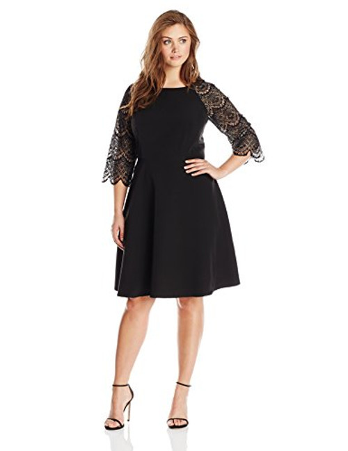 London Times Women s Plus Size 3/4 Sleeve Round Neck Lace Fit  Flare Dress Black 14