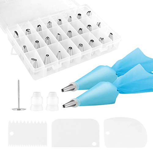 33 Pieces Cake Decorating Tools Piping Bags and Tips Cookie Baking Supplies Kit with 24 Icing Piping Tips 2 Silicone Pastry Bags 3 Icing Smoothers 2 Piping Nozzles Coupler Flower Nails