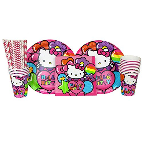 Hello Kitty Party Supplies Pack for 16 Guests Includes: Straws, Dinner Plates, Luncheon Napkins, and Cups (Bundle for 16)