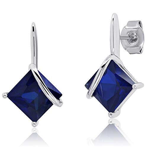 7mm Princess Cut Created Sapphire Drop Earrings in Sterling Silver