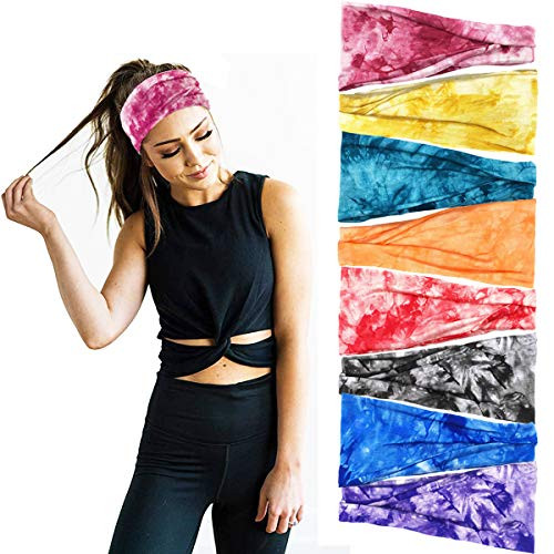 Yoga HeadbandsTie Dye Headbands 8Pcs Boho Stretchy Cotton Headbands Fashion Elastic Non Slip Sports Hairbands for Women Girls Adults