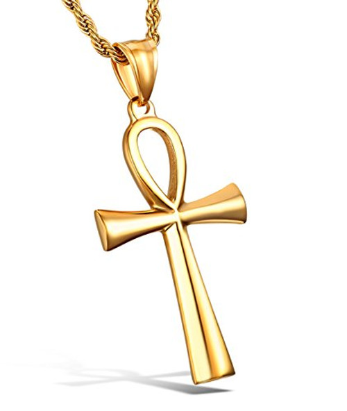 HZMAN Men s Gold Stainless Steel Coptic Ankh Cross Religious Pendant Necklace 22  Rope Chain Gold HZMAN Men s Gold Stainless Steel Coptic Ankh Cross Religious Pendant Necklace 22  Rope Chain Gold