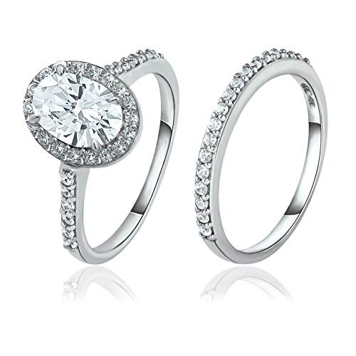 925 Sterling Silver 8x6mm Oval Shape CZ Cubic Zirconia Halo Anniversary Wedding Band Engagement Ring Bridal Set Sizes 5 to 10 Silver 6