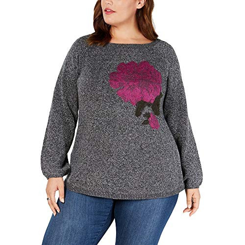 Style  Co Womens Plus Size Jacquard Floral Sweater Black Heather Combo 1X