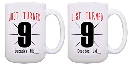 90th Birthday Cups Just Turned 9 Decades Old Birthday Mugs 2 Pack 15oz Coffee Mugs Tea Cups Multi