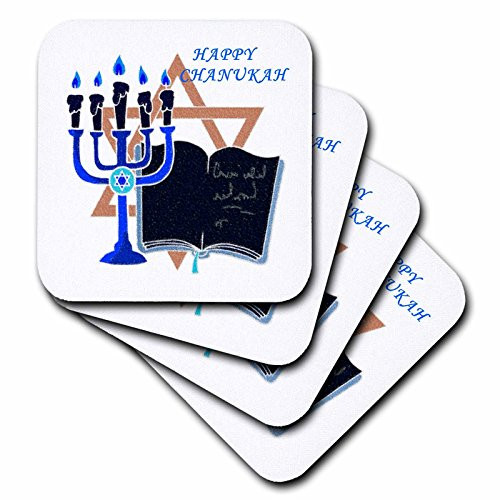 3dRose cst_80495_1 Menorah N Star of David with Happy Chanukah Soft Coasters, Set of 4