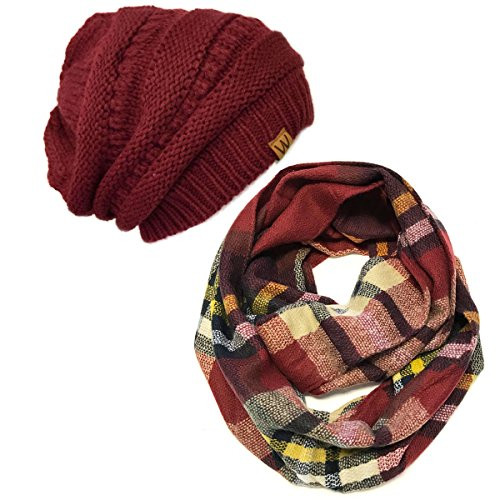 Bowbear Tartan Winter Infinity Scarf with Beanie Multicolored  Wine Red