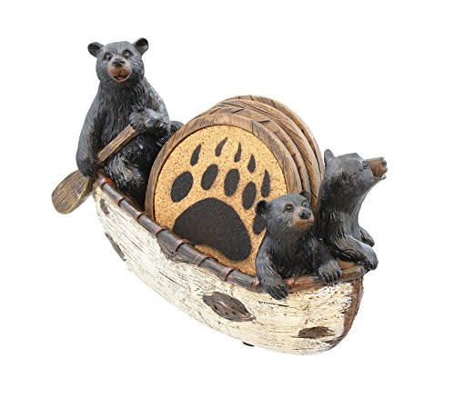 3 Black Bears Canoeing Coaster Set - 4 Coasters Rustic Cabin Canoe Cub Decor by LL Home