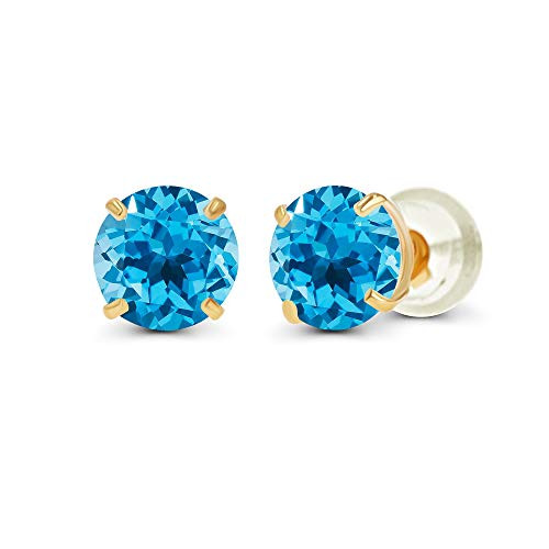 14K Solid Yellow Gold 4mm Round Natural Swiss Blue Topaz December Birthstone Prong Set Stud Earrings For Women and Girls