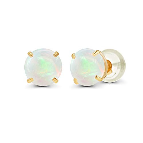 14K Solid Yellow Gold 4mm Round Natural Opal October Birthstone Prong Set Stud Earrings For Women and Girls