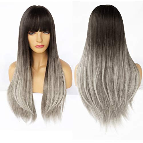 Ebingoo light blonde ombre black roots wig with bangs Synthetic Hair Natural long straight Wig for women for any occasion light blonde 
 Ebingoo light blonde ombre black roots wig with bangs Synthetic Hair Natural long straight Wig for women for any occasion light blonde