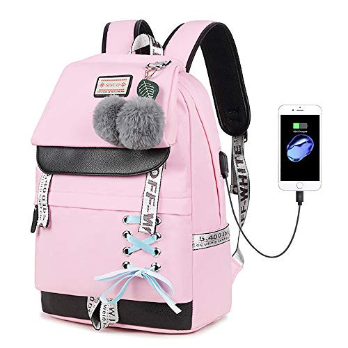 Lmeison Waterproof Backpack for Teen Girls Women College Bookbag with USB Charging Port Fashion Travel Daypack 15 4inch Laptop Bag for School Pink