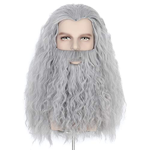 Missuhair Grey Curly Beard Wig  Long Synthetic Halloween Costume Wig for Men Adult Grey with Beard