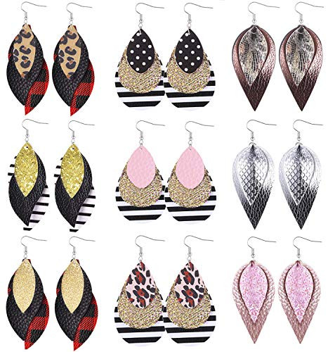 SHIWE 9 Pairs Layered leather Earrings for Women Lightweight Handmade Faux Leather Earrings Glitter Dangling Leaf Drop Earrings Set