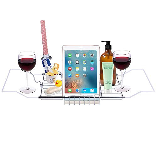 Suteck Bathtub Caddy Tray - Stainless Steel Over Bath Tub Racks Shower Organizer with Extending Sides, Removable Wine Glass Holders and Book Holder, One or Two Person Bath and Bed Tray Suteck Bathtub Caddy Tray - Stainless Steel Over Bath Tub Racks Shower Organizer with Extending Sides, Removable Wine Glass Holders and Book Holder, One or Two Person Bath and Bed Tray