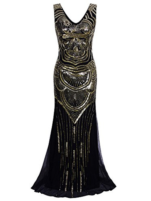 VIJIV 1920s Long Maxi Prom Gowns Sequin Mermaid Bridesmaid Wedding Evening Dress Black Gold