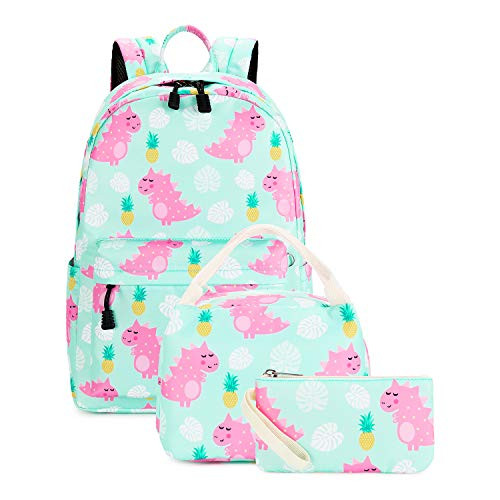 Abshoo Cute Lightweight Kids School Bookbags Girls Backpacks With Lunch Bag Teal Dinosaur Set