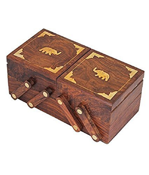 Khandekar (with device of K) Wooden Handmade Inlay & Carving Desig Jewelry Box 2 Folding, Keepsake Storage Box Organizer, Storage Box, Vintage Jewelry Box - 8 Inch