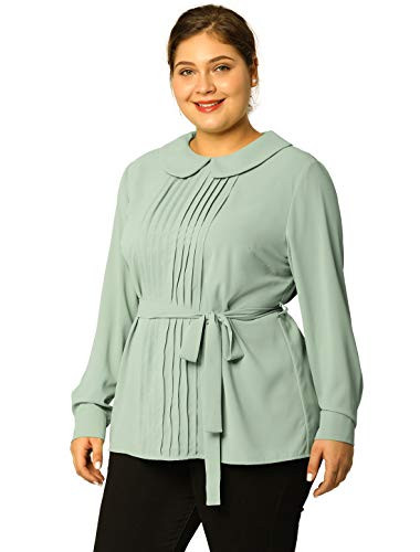 Agnes Orinda Women s Plus Size Blouse Chiffon Belted Long Sleeves Tie Peter Pan Collar Halloween Tops 1X Green