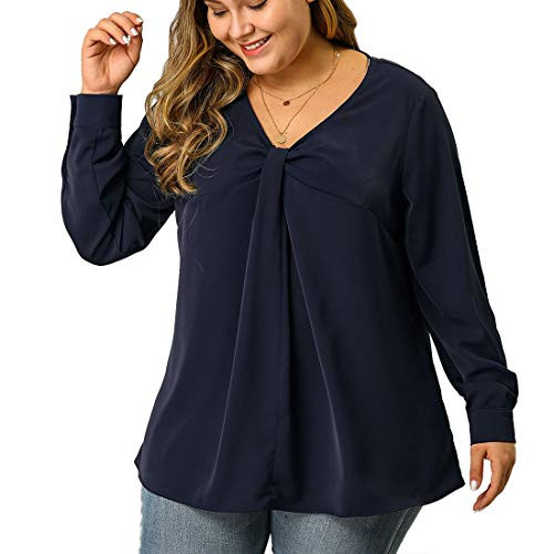 Agnes Orinda Women s Plus Size Blouse V Neck Twist Knot Long Sleeve Tops Dark Blue 4X