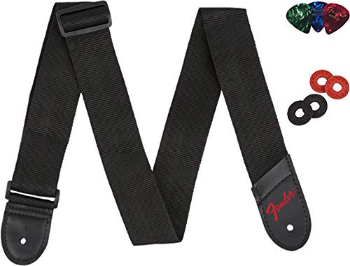 Fender Guitar Strap Bundle with Fender Guitar Strap 2 Pairs of Fender Strap Locks and 3pk Fender Picks  Red Logo/Red Blocks