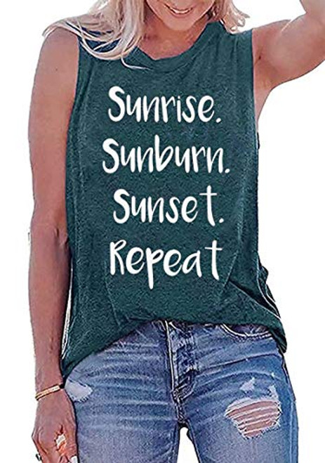 Country Music Vacation Shirt Sunrise Sunburn Sunset Repeat Tank Tops Women s Vest Tees Letter Graphic Summer Shirts Small Green