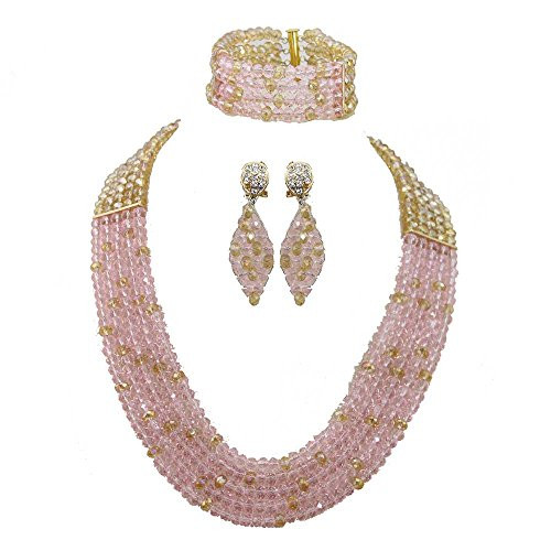 Africanbeads Wedding Jewelry Set 6mm 5 Rows Pink Gold Crystal Beads Necklace Set Africanbeads Wedding Jewelry Set 6mm 5 Rows Pink Gold Crystal Beads Necklace Set