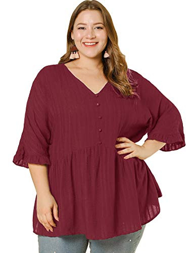 Agnes Orinda Women s Plus Size Tops V Neck Work Casual Peplum Top Wine Red 3X