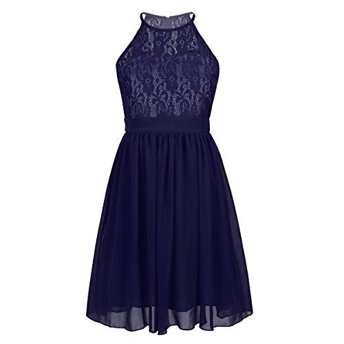 Agoky Kids Halter Floral Lace Sequins Sleeveless Birthday Party Wedding Bridesmaid Flower Girls Dress Navy Blue Halter Neck 14