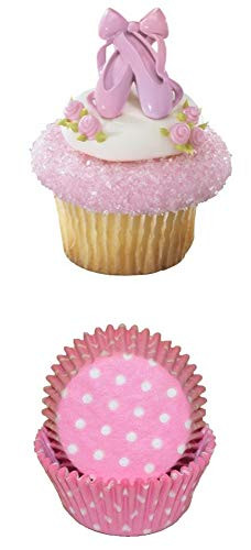 Ballet Shoe Cupcake Liners and Toppers - Pink Pointe Shoes with Matching Pink Polka Dot Baking Cups - Enough for 60 Cupcakes
