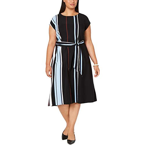 Alfani Womens Plus Striped Office Midi Dress Black 24W