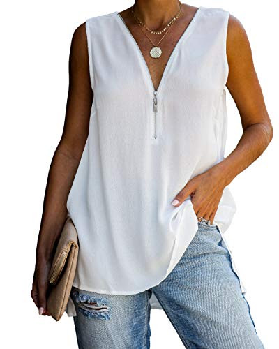Allimy Women Summer Loose Plus Size Tank Tops V Neck Chiffon Sleeveless Blouses White XL