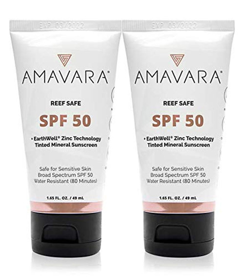 Amavara Mineral Sunscreen  Tinted Zinc Oxide Reef Safe WaterResistent Broad Spectrum Daily SPF 50 Squeeze Tube 1 65 fl oz 2count