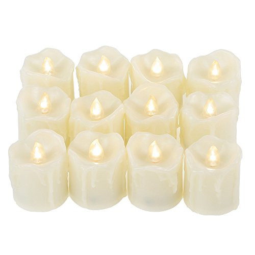 Flameless LED Votive Candles with Timer - 12 Pack Battery-operated Powered Electric Votives with Drips Bright Realistic Flickering Plastic Resin Fake Candle Set 1.5x2 Long Lasting Batteries Included