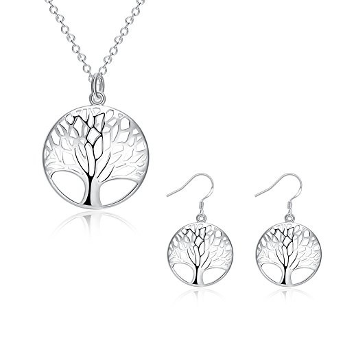 AMBESTEE Tree of Life EarringsFashion Jewelry Sterling Silver Plated Tree Pendants Drop Dangle Earrings Necklace Set