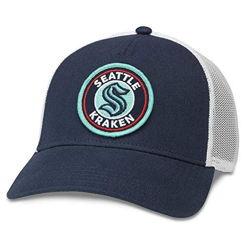 AMERICAN NEEDLE Seattle Kraken NHL Baseball Hat Structured Fit with Mesh Sides and Curved Brim Adjustable Snapback Trucker Dad Cap Valin Collection White/Navy 42962CSEKWHNV AMERICAN NEEDLE Seattle Kraken NHL Baseball Hat Structured Fit with Mesh Sides and Curved Brim Adjustable Snapback Trucker Dad Cap Valin Collection White/Navy 42962CSEKWHNV