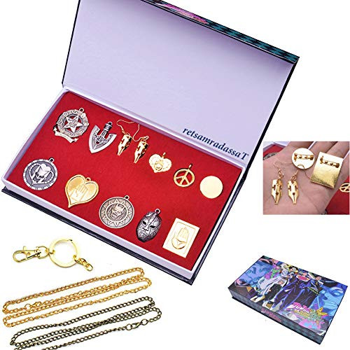retsamradassaT 12 Pieces Anime JoJo s Bizarre Adventure Kujo Jotaro Keychain Rings Necklace Brooch Earring Pendant Cosplay Jewelry Accessories in Box Gift Set retsamradassaT 12 Pieces Anime JoJo s Bizarre Adventure Kujo Jotaro Keychain Rings Necklace Brooch Earring Pendant Cosplay Jewelry Accessories in Box Gift Set