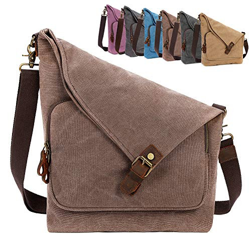 AmHoo Canvas Crossbody Bag for Women Genuine Leather Messenger Purse Handbags Shoulder Bag Hobo Totes Coffee