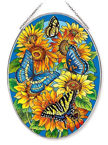 Amia Large Butterfly and Sunflower Oval Glass Suncatcher