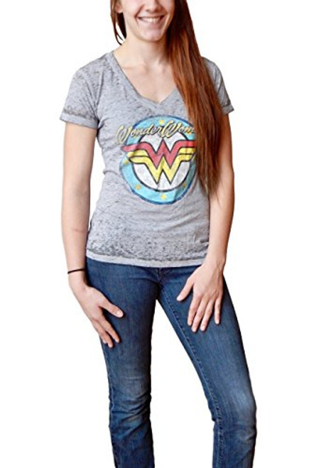 DC Comics Wonder Woman Logo Juniors Grey VNeck TShirt Medium DC Comics Wonder Woman Logo Juniors Grey VNeck TShirt Medium