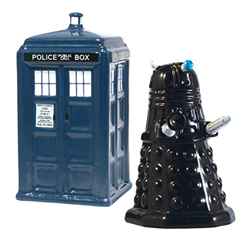 Unemployed Philosopher s Guild W64021SP Unemployed Philosophers Guild Dr  Who Tardis VS  Dalek SaltPepper SetGrade 4  Height 6  Wide 6  Length