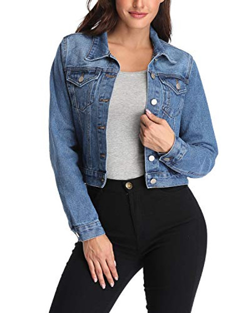 andy  natalie Women s Denim Jackets Oversize Long Sleeve Basic Button Down Crop Jean Jacket with Pockets