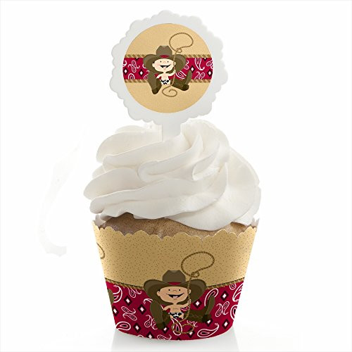 Little Cowboy - Western Baby Shower or Birthday Party Cupcake Wrapper and Pick - Cupcake Decorating Kit - Set of 24