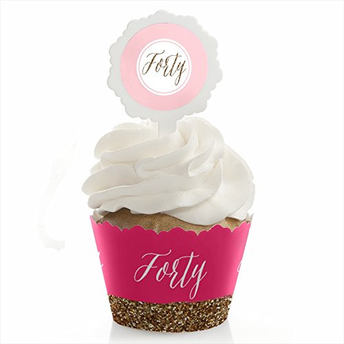 Chic 40th Birthday - Pink and Gold - Birthday Cupcake Wrapper and Pick - Cupcake Decorating Kit - Set of 24