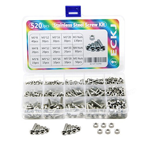 ECKJ 520pcs M3 M4 M5 Stainless Steel Screw Kit,Button Head Hex Socket Head Cap Bolts Screws Nuts Assortment Kit