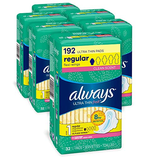 Always Ultra Thin Feminine Pads for Women Size 1 Regular Absorbency with Wings Scented 32 Count  Pack of 6 192 Total Count