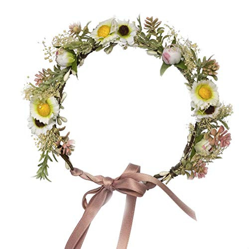 Daisy Flower Crown Floral Wreath Headband Hair Garland Flower Halo Headpiece with Ribbon Wedding Party Photos Festival by Vivivalue