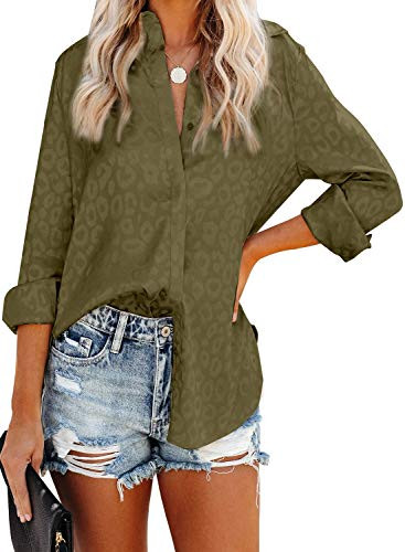 Astylish Women Casual Cuffed Long Sleeve Button up V Neck Satin Embossed Tunic Shirts Tops Green Plus Size XLarge