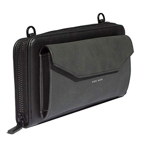 Pixie Mood Frances Style Black Tan 9 x 4 5 Inch Soft Vegan Leather and Suede Zipper 2 In 1 Wallet Purse with Crossbody Strap 