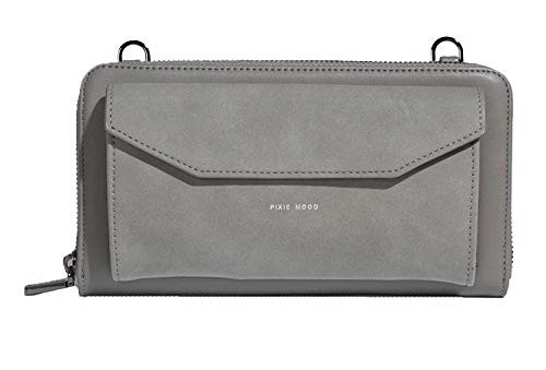 Pixie Mood Frances Style Grey Tan 9 x 4 5 Inch Soft Vegan Leather and Suede Zipper 2 In 1 Wallet Purse with Crossbody Strap 